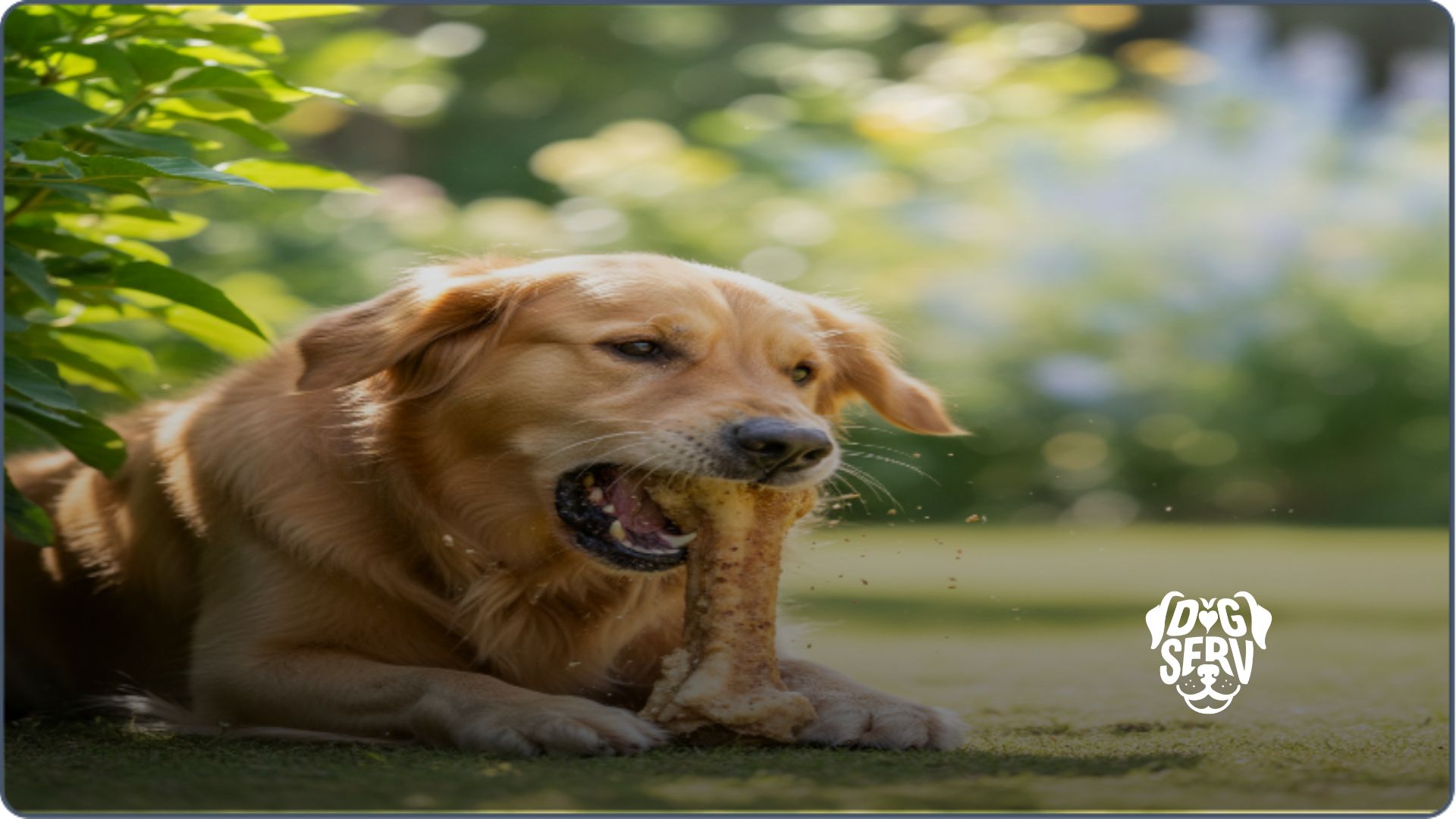Image of a golden laying in the shade on a sunny day, aggressively chewing on a treat.