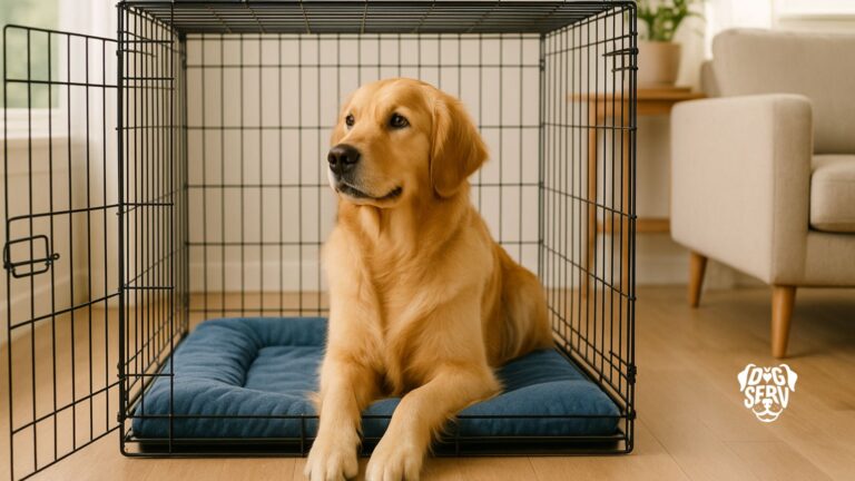 Golden retriever sitting calmly inside wire crate with blue bedding in bright living room