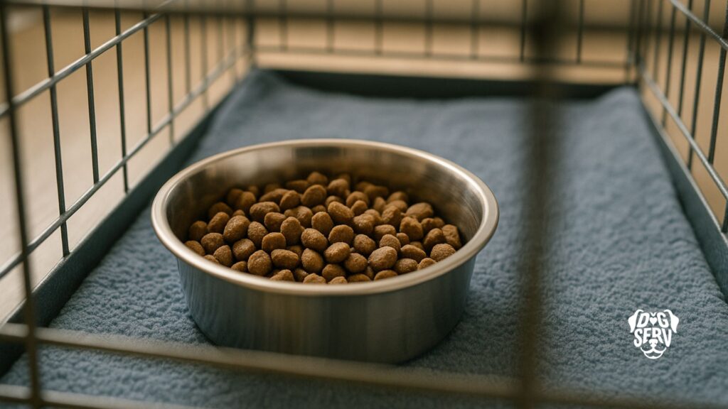 Dog food bowl with kibble placed inside wire crate on bedding for positive association training