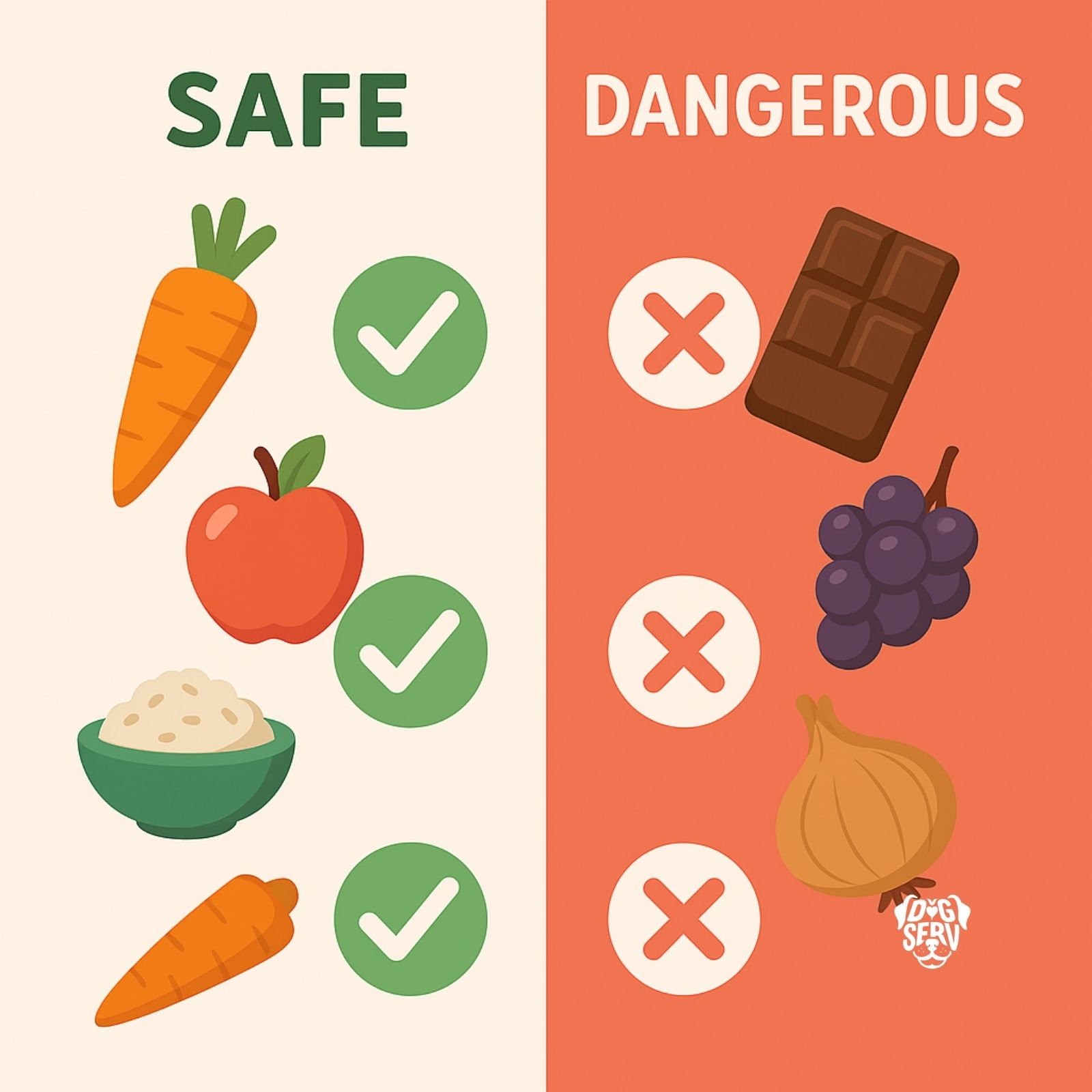 Food safety chart showing safe foods with green checks and dangerous foods with red X marks