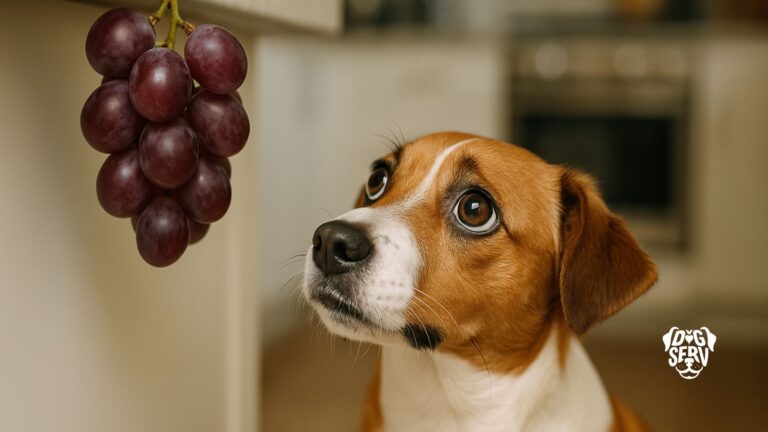 Small dog gazing up at purple grapes on kitchen counter, highlighting grape toxicity danger for pets