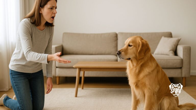 Person standing in living room calling to golden retriever dog who is looking away from them