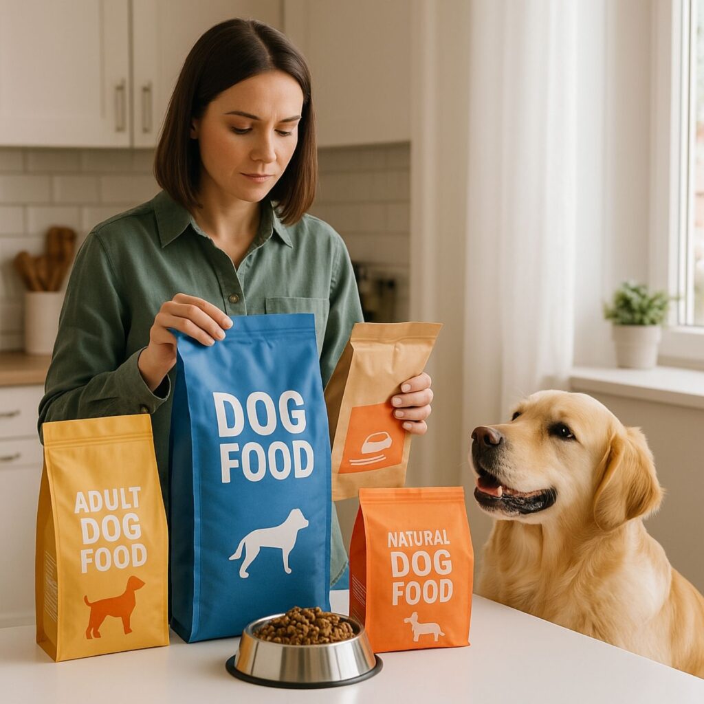 Woman examining multiple dog food packages on a kitchen counter while her golden retriever watches attentively