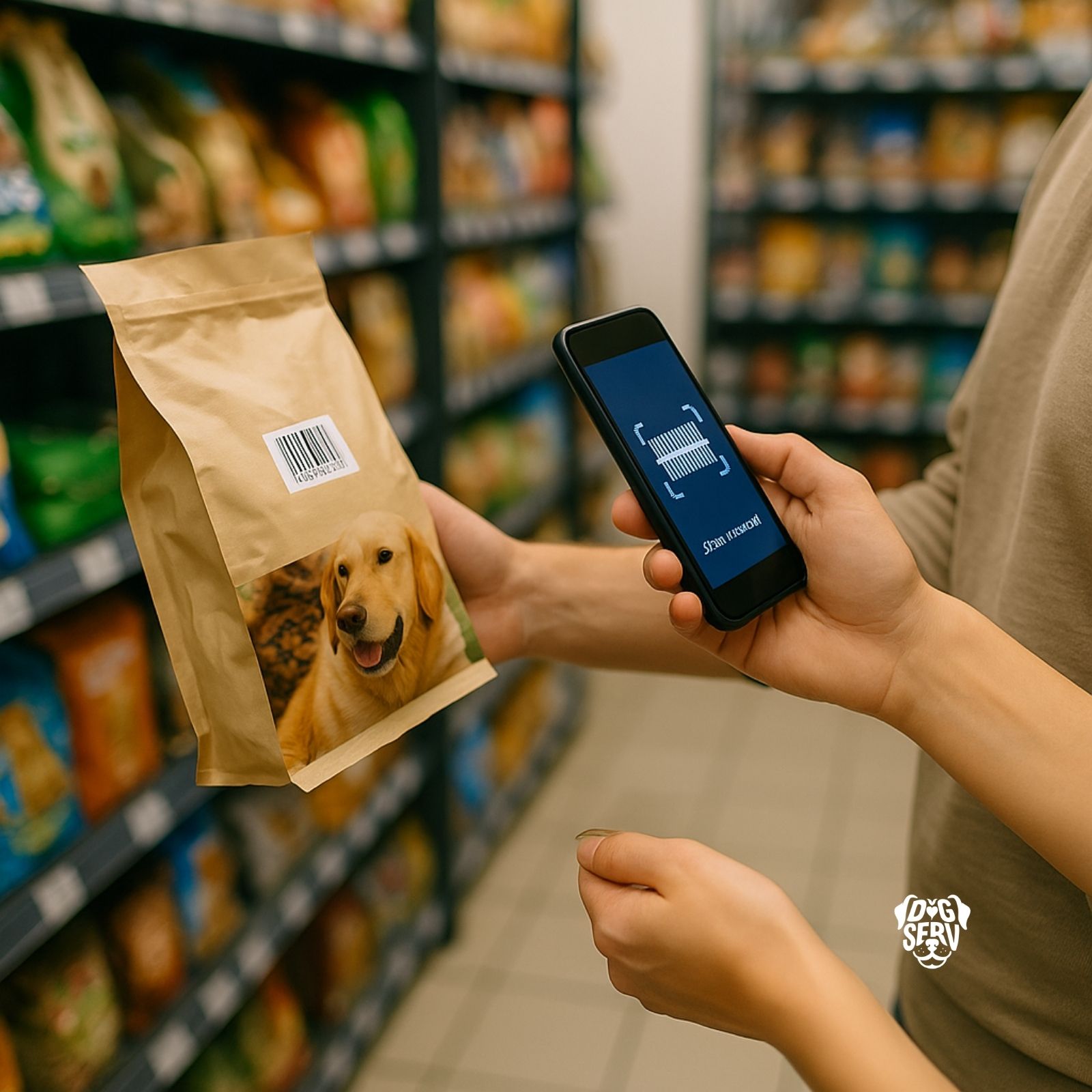 Person scanning dog food barcode with phone app while shopping in pet store aisle