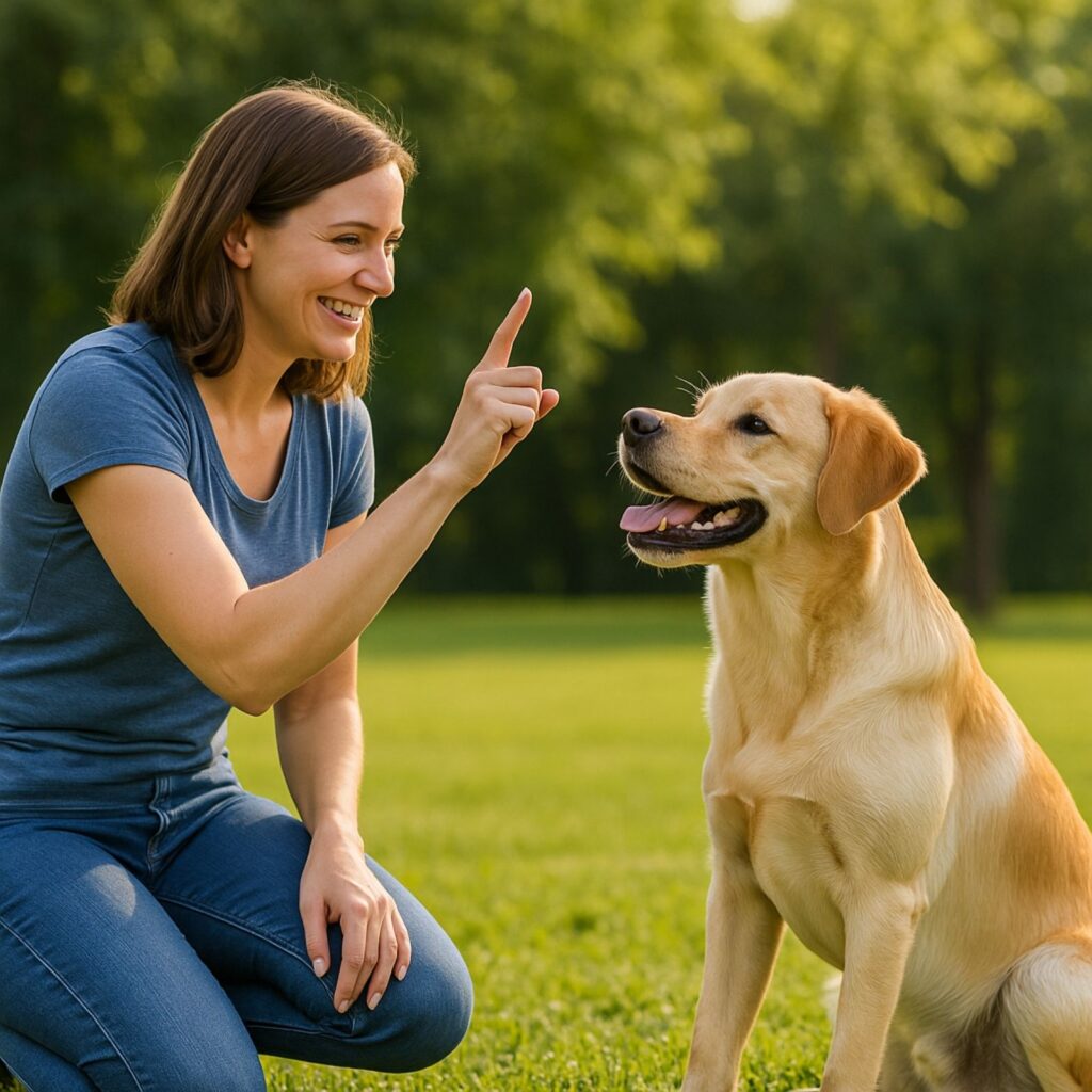 Woman crouching and smiling while giving a hand signal to her attentive Labrador during outdoor training session