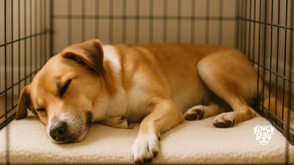 Mixed breed dog lying on memory foam bed inside wire crate, sleeping in comfortable position