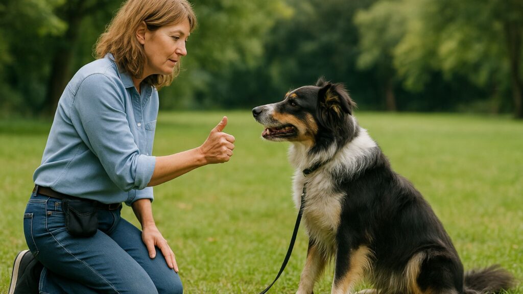 Trainer kneeling outdoors using calm positive reinforcement techniques with attentive dog
