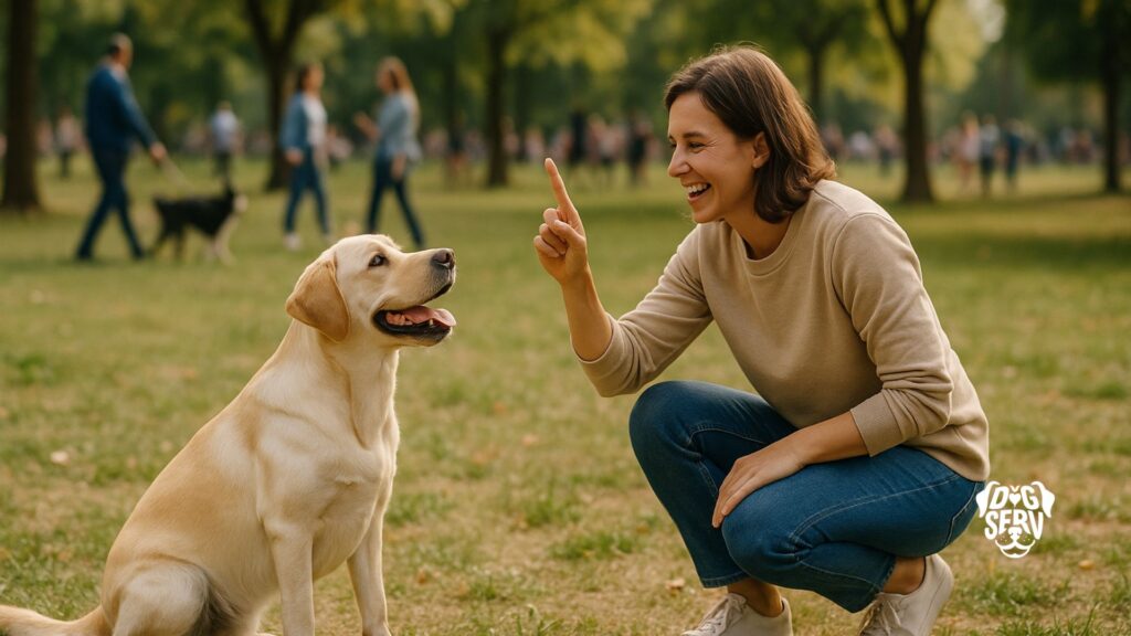Person training labrador retriever dog in crowded park with other dogs and people visible in background