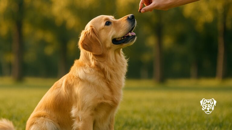 Golden retriever sitting outdoors looking up at hand holding training treat