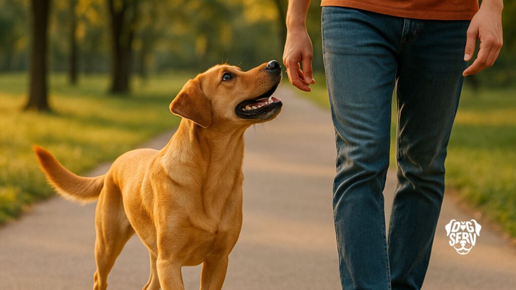 Dog and owner walking on park path with loose leash connection