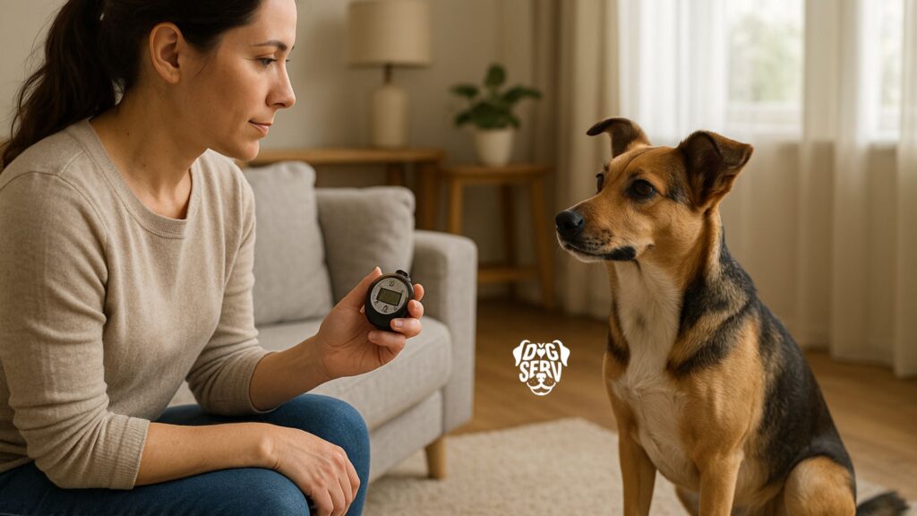 A dog sitting attentively while their owner holds a timer during a training exercise indoors