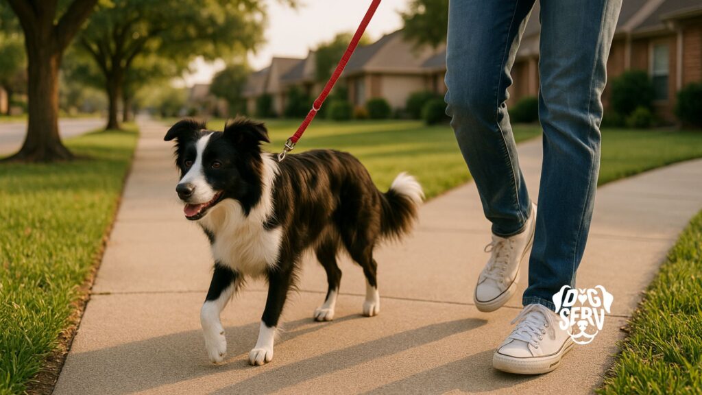 Border collie on red leash walking beside person on sidewalk in residential neighborhood