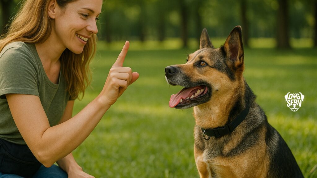 A dog sitting calmly at a crosswalk while focusing on the owner in a busy urban setting