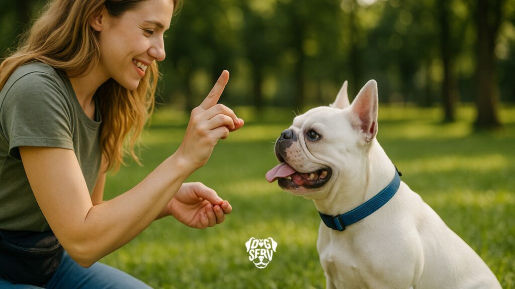 A dog sitting attentively while their owner uses a clicker device during training