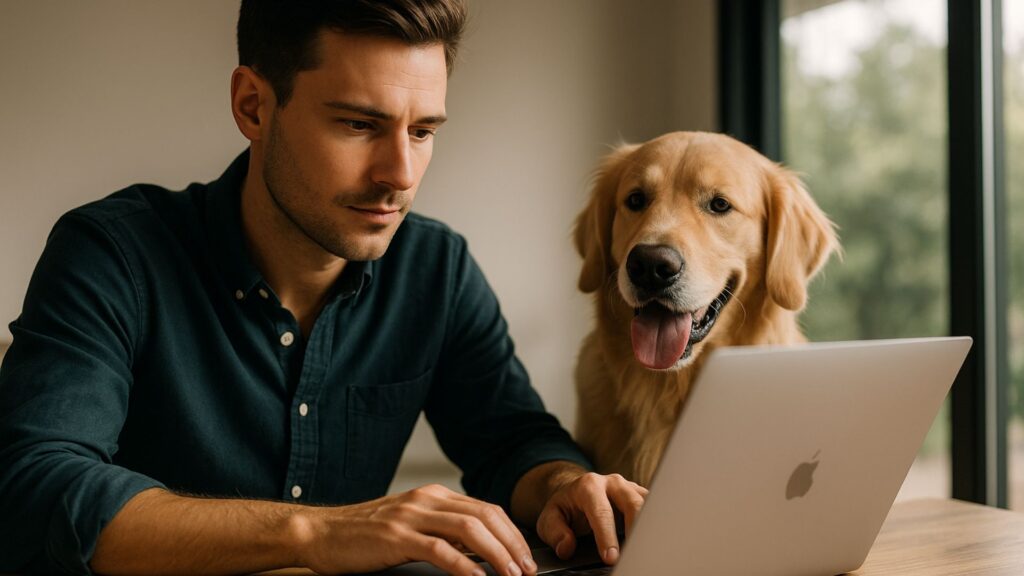 Golden retriever sitting calmly next to man typing on a laptop indoors