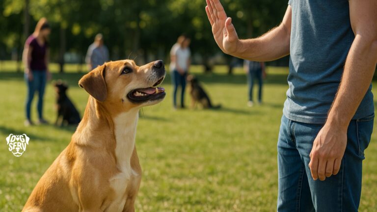 A friendly dog sitting calmly while their owner gives a hand signal during outdoor dog training