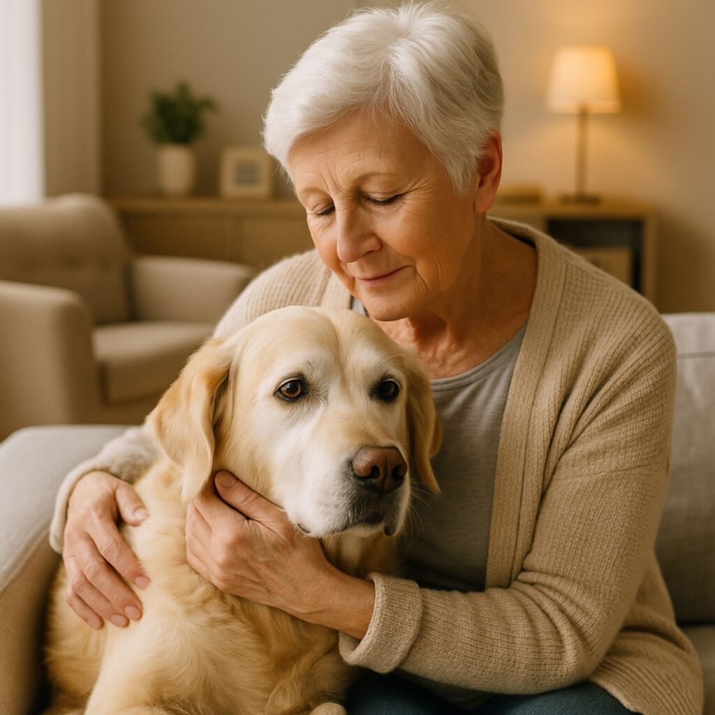 Older woman gently holding her senior Golden Retriever on a cozy sofa in a softly lit living room