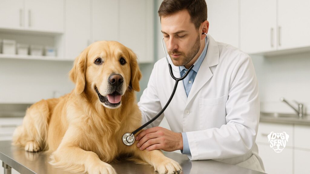 Veterinarian examining golden retriever on exam table during emergency grape toxicity treatment