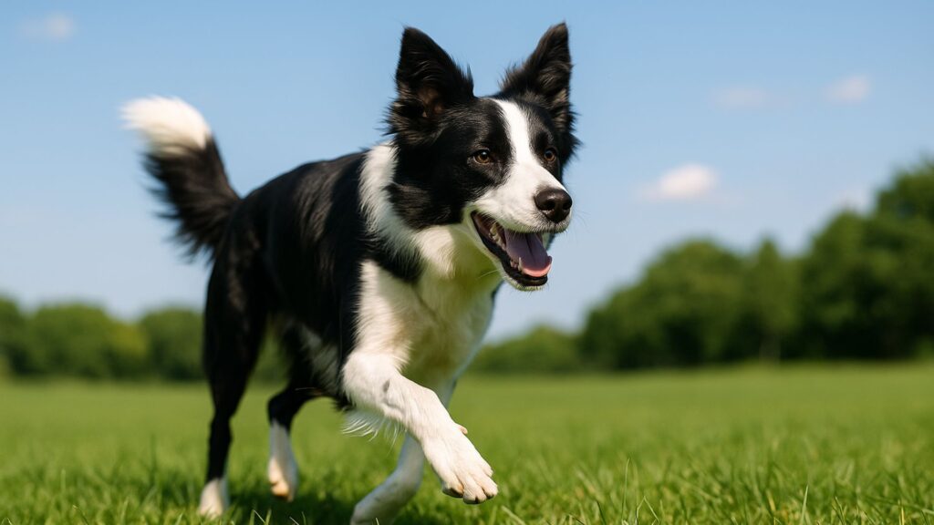 Border Collie mid-stride running energetically across a green field under a blue sky
