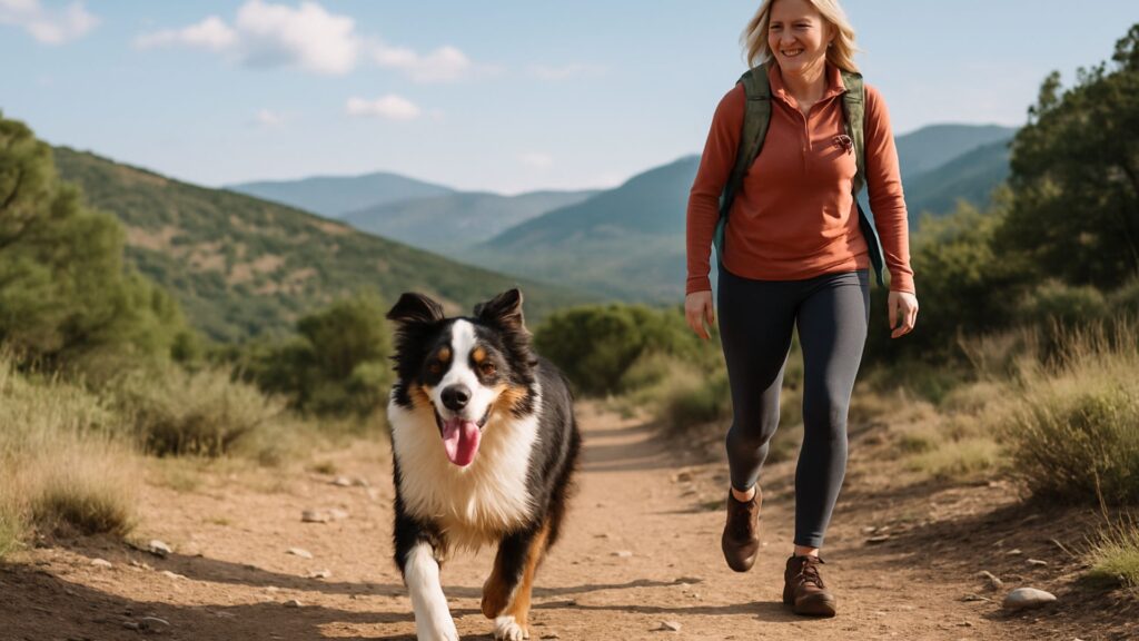 Border Collie hiking with smiling owner on a mountain trail under blue sky