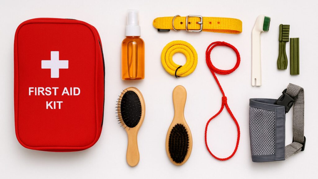 Dog first aid kit, grooming brushes, safety collar, leash, toothbrush, and care supplies on a clean white surface