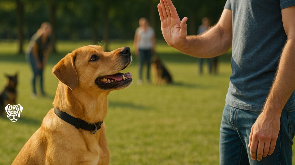 A family practicing dog training with their dog using consistent commands and hand signals