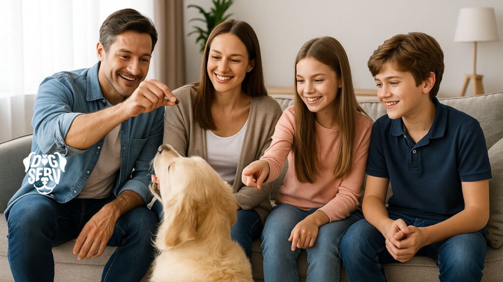 Smiling family of four focusing on their dog during a training session in the living room