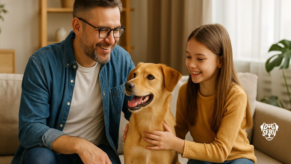 Father and daughter smiling while focusing on their dog during training at home