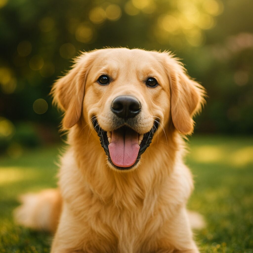 Curious golden retriever standing in nature with bright sunlight