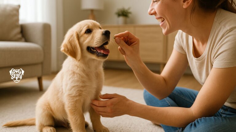 Golden retriever puppy sitting attentively while owner rewards with a treat during indoor training session