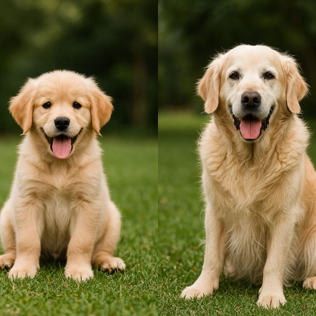 Side-by-side comparison of a Golden Retriever as a playful puppy and as a wise senior dog in the same garden setting