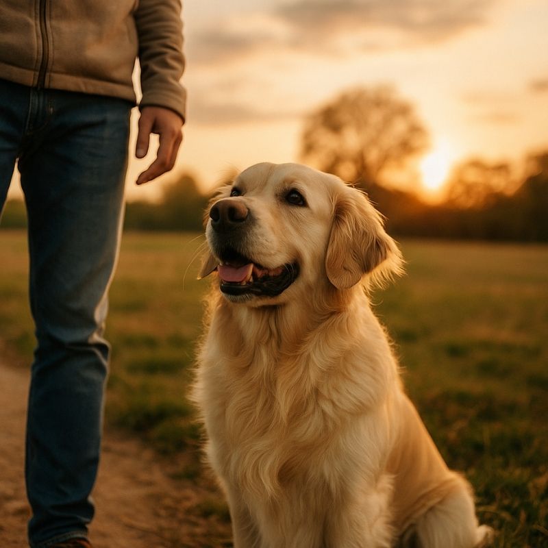 Golden retriever sitting in a field at sunset beside owner’s legs