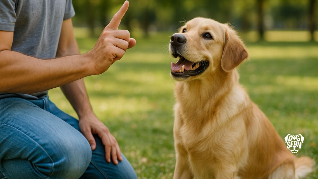 Golden retriever sitting attentively while owner gives a stay command in a sunny park