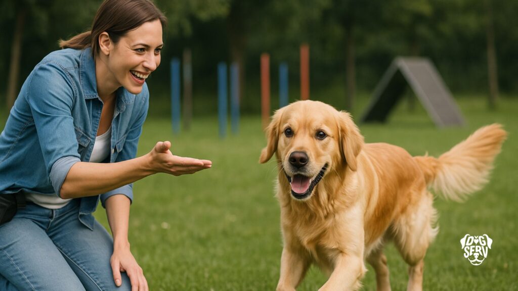 Golden retriever joyfully running toward owner while looking directly at her during recall training