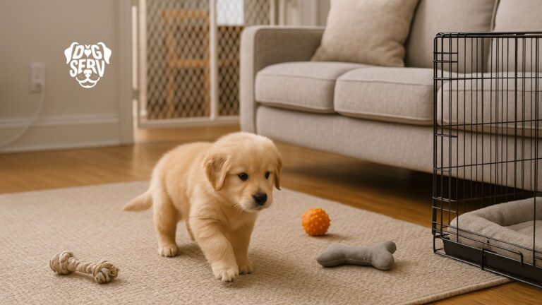 Golden retriever puppy walking on a rug near toys, crate, and baby gate in a living room