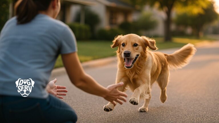 Golden retriever sprinting toward crouching owner with open arms on a suburban street