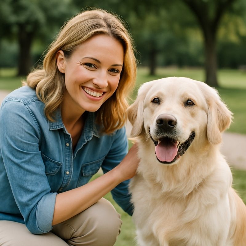 Smiling woman crouching beside her golden retriever in a park