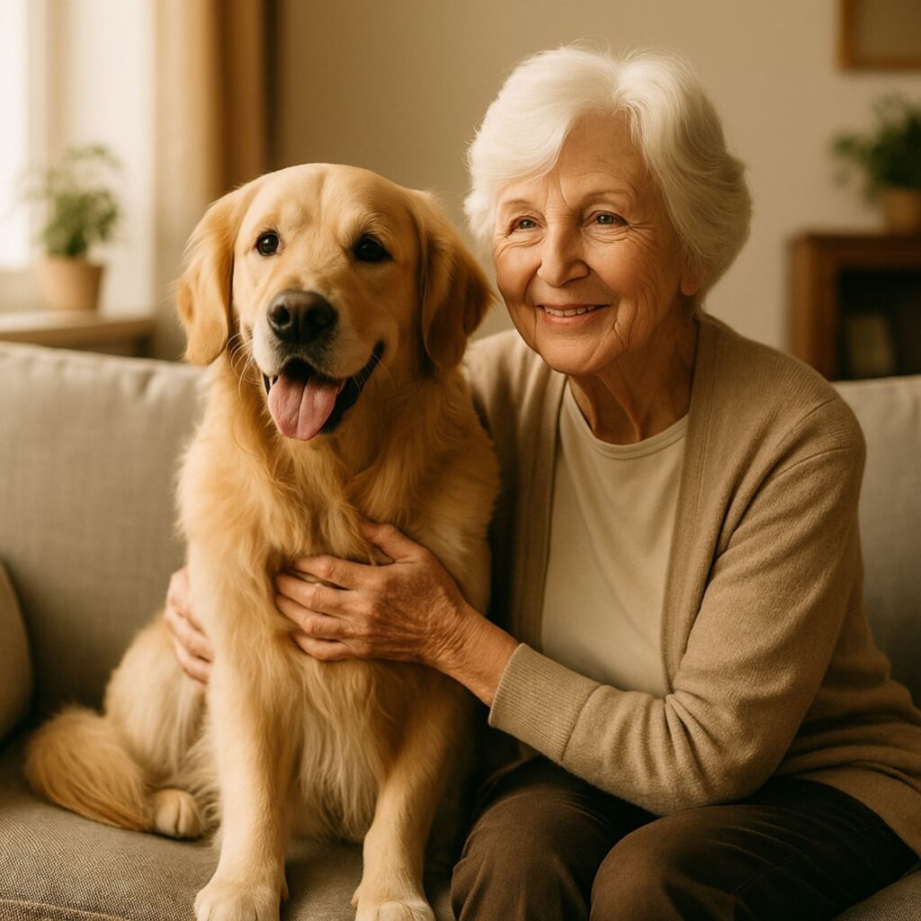 Elderly woman smiling while gently petting her golden retriever on a comfortable couch in a warmly lit living room
