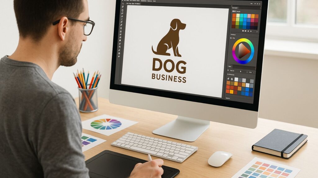 A graphic designer working on a modern dog business logo at a computer in a clean and organized workspace