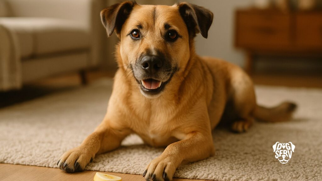 Dog Relaxing on Rug with Banana Slice Beside Them