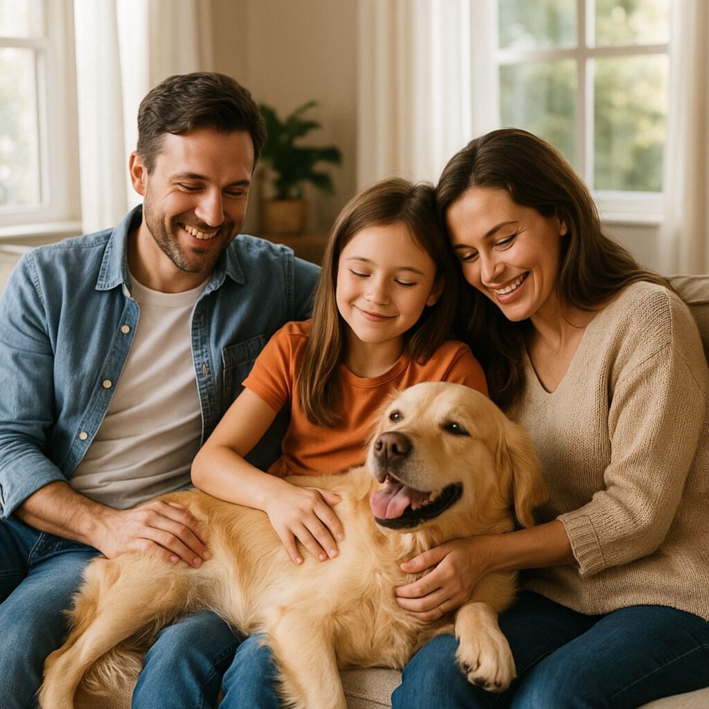 Family sitting together on a sofa with their golden retriever lying comfortably across their laps