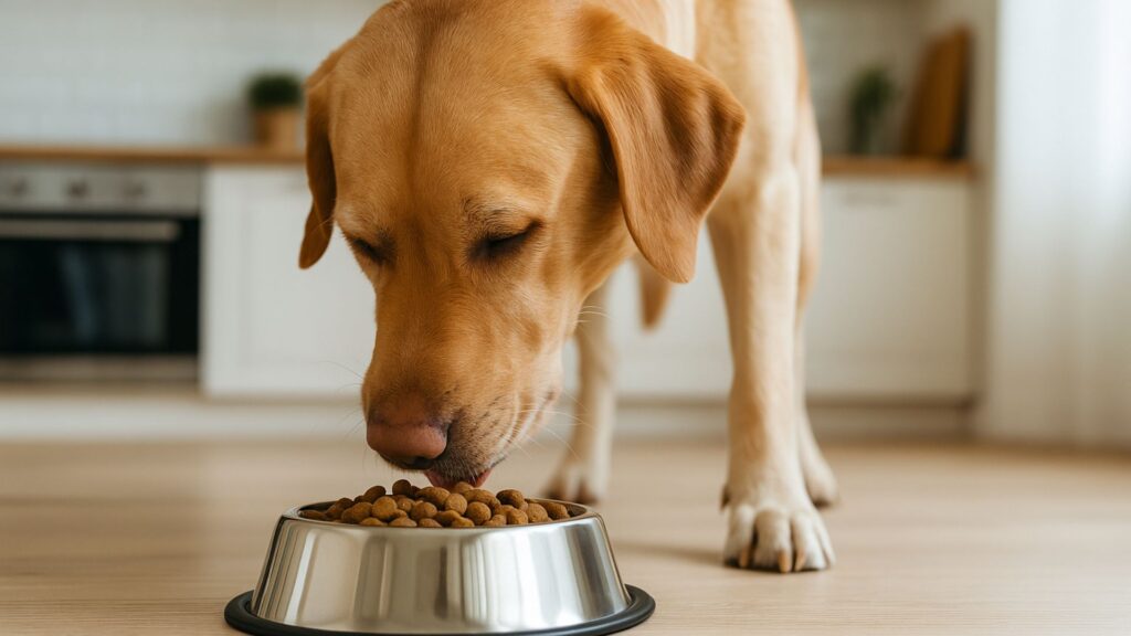 Golden Labrador eating kibble from a stainless steel dog bowl in a clean kitchen