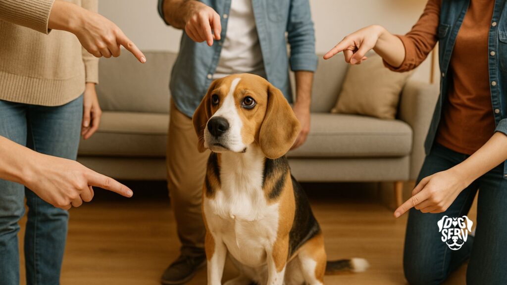 Beagle dog surrounded by family members pointing in different directions giving conflicting commands