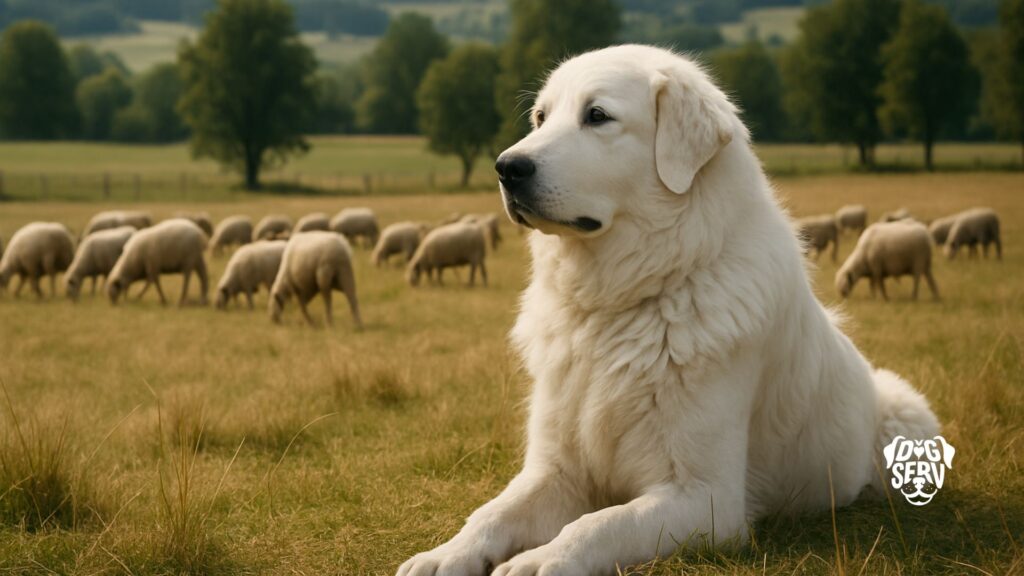 Great Pyrenees Guarding Sheep in Open Field