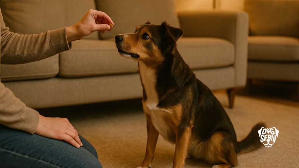 Person kneeling beside dog offering treat in home living room