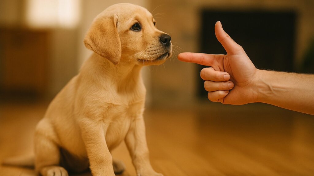 Young Labrador puppy sitting attentively as owner’s hand guides it during obedience training indoors