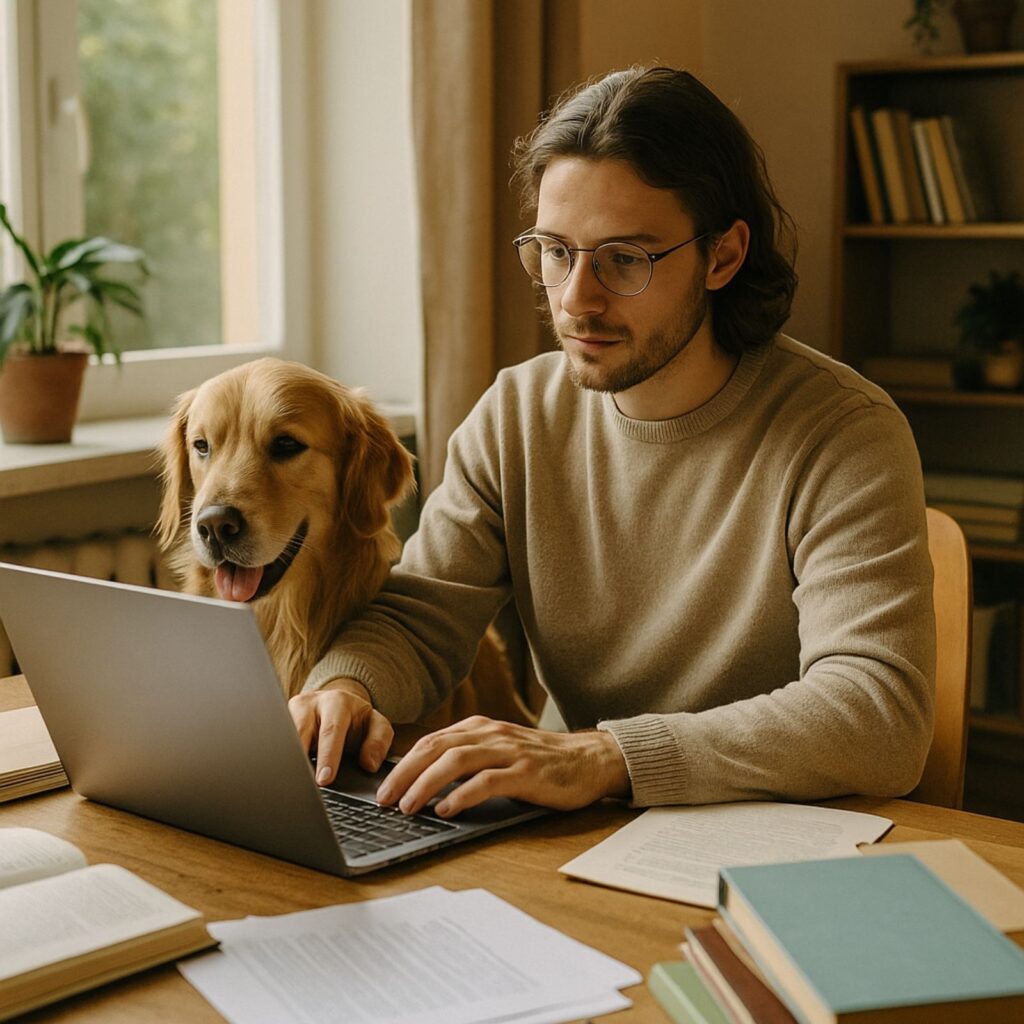 Person typing on a laptop at a wooden desk with books and papers scattered while golden retriever sits nearby