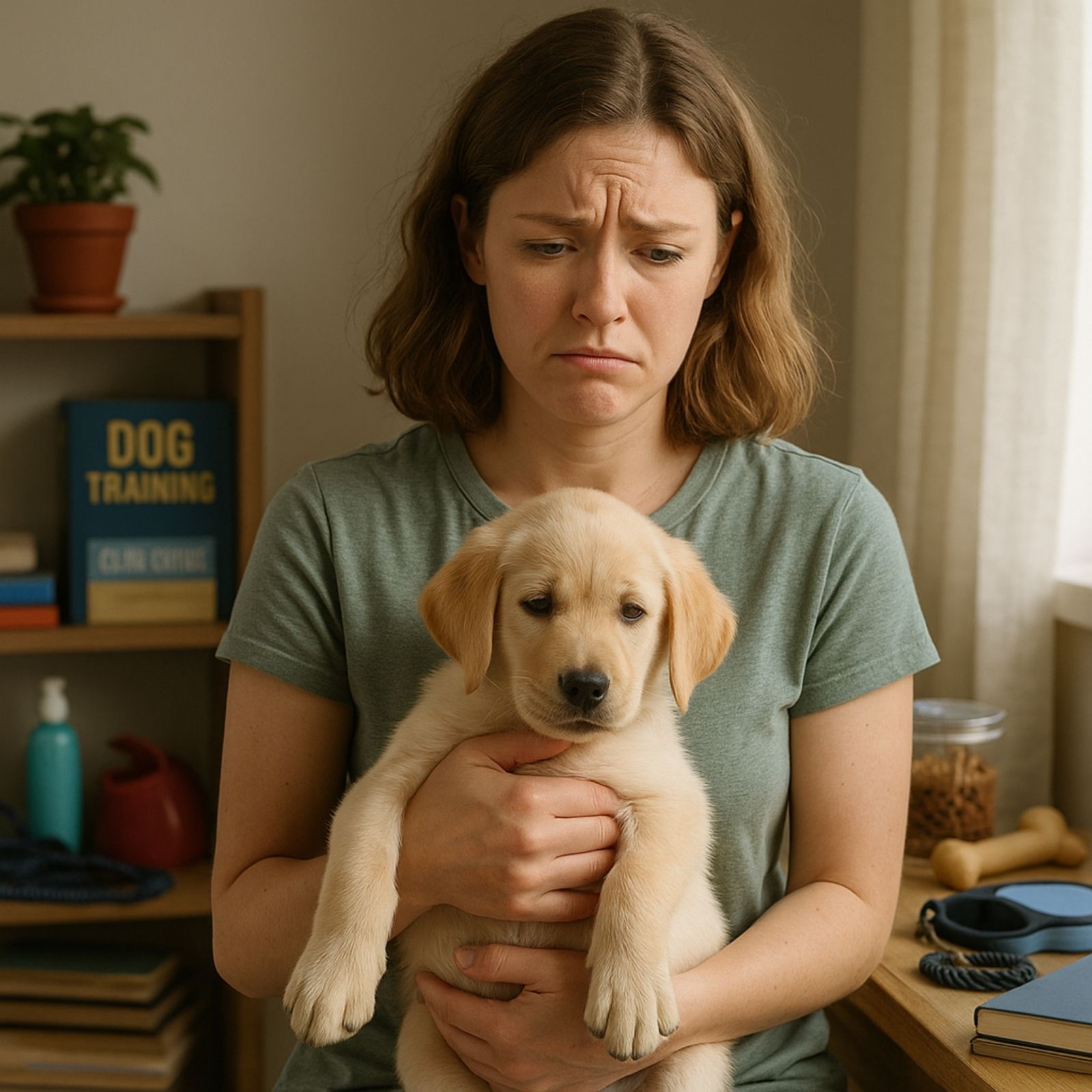 Young woman with uncertain expression holding Labrador puppy in cluttered room with dog care books and supplies