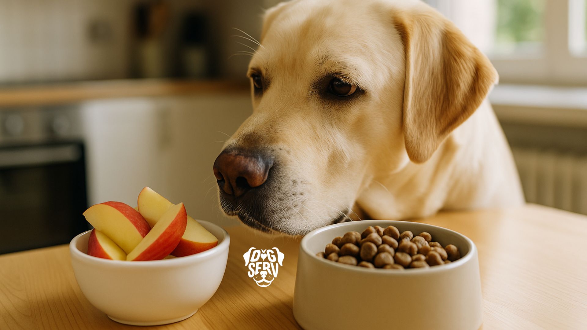 Labrador Sniffing Apple Slices Near Food Bowl