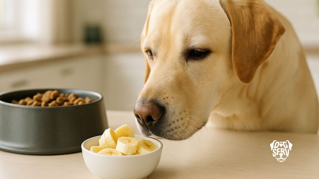 Labrador Sniffing Fresh Banana Slices Beside Dog Food Bowl